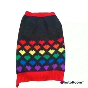 Cozy Knit Rainbow Heart Print Dog Sweater L